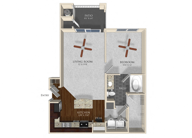 Floor plan for 1 bed, 1 bath, 715 sqft